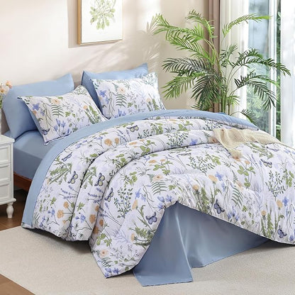 Yiran Queen Comforter Set, 7 Pieces Blue White Floral Soft Bedding Sets, Queen Bed in a Bag with Botanical Flowers All Season Comforter, Sheets, Pillowcases & Shams
