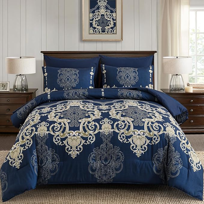 Mybedsoul 7 Pieces Blue Gold Comforter Set King Size, Damask Bed in a Bag for King Bed, Lightweight Microfiber Boho Bedding Sets with Comforter, Sheet, Pillowcases & Shams for All Season(90"x104")