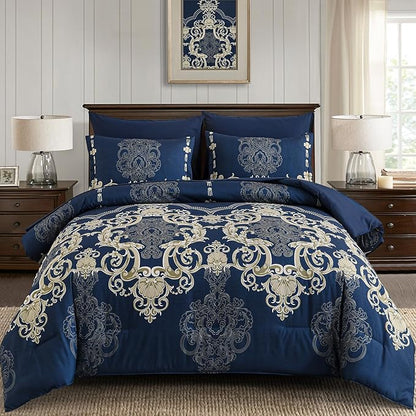 Mybedsoul Blue Gold Queen Comforter Set, 7 Pieces Boho Bed in a Bag for Queen Bed, Damask Comforter with Sheets Pillowcases, Soft Microfiber Lightweight Bedding Sets for All Season(90"x90")