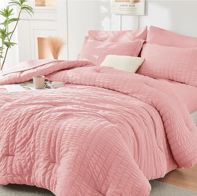 HYMOKEGE Rose Pink Full Size Comforter Sets Seersucker 7 Pieces, All Season Luxury Bed in a Bag for Bedroom, Bedding Set with Comforter, Sheets, Pillowcases & Shams