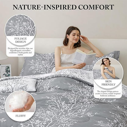 Spirit Linen 5 pcs Twin Comforter Set - Cozy Deep Sleep Microfiber Bedding Comforter Sets with Foliage Designed - Twin Bedding Sets with Pillow Shams (Grey, Twin)