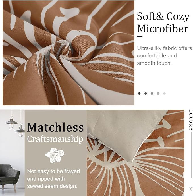 Menghomeus Brown Comforter Set California King Taupe Floral Comforter Cal King Botanical Bedding Sets Soft Microfiber Bed Set for All Season, 3 Pieces (1 Comforter, 2 Pillowcases)