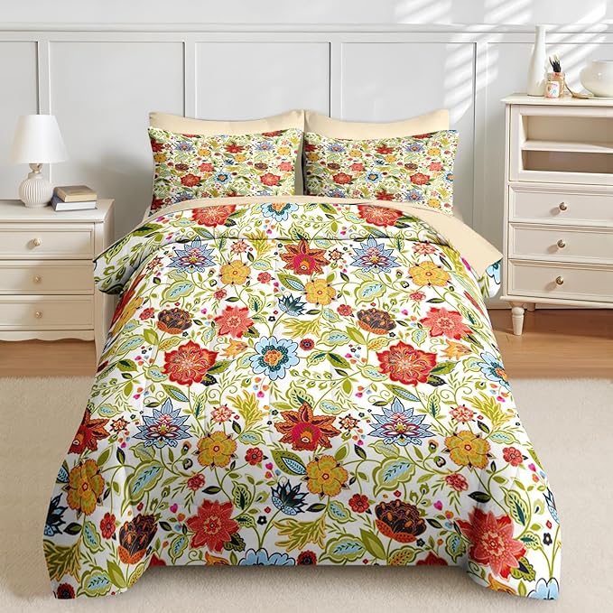 Nesker 7 Pcs Spring Comforter Set Queen Size, Floral Boho Bedding Set for Kids and Adults, Vibrant Leaves Bed Sheet Sets with Fitted Sheet 2 Pillowcases & 2 Shams