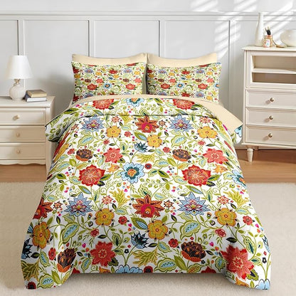 Nesker 7 Pcs Spring Comforter Set Full Size, Floral Boho Bedding Set for Kids and Adults, Vibrant Leaves Bed Sheet Sets with Fitted Sheet 2 Pillowcases & 2 Shams