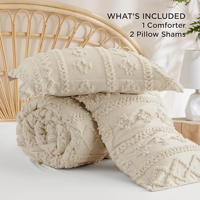 Bedsure Tufted Boho Comforter Set Full Size - Beige Boho Bed Set, GentleSoft™ 3 Pieces Farmhouse Shabby Chic Embroidery Bedding, Gifts for Woman, Soft Jacquard Full Comforter for All Seasons