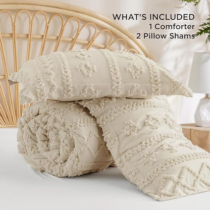 Bedsure Tufted Boho Comforter Set Full Size - Beige Boho Bed Set, GentleSoft™ 3 Pieces Farmhouse Shabby Chic Embroidery Bedding, Gifts for Woman, Soft Jacquard Full Comforter for All Seasons