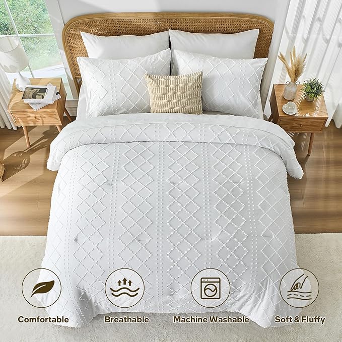 Nesker Boho Twin Comforter Set - 5 Pcs Tufted Whilt Bedding Sets, Soft Cozy Chic Bed in a Bag, Vintage Shabby Bed Set All Season with Comforter, Fitted Sheet, Flat Sheet & Pillowcases