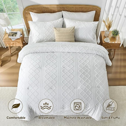 Nesker Boho Twin Comforter Set - 5 Pcs Tufted Whilt Bedding Sets, Soft Cozy Chic Bed in a Bag, Vintage Shabby Bed Set All Season with Comforter, Fitted Sheet, Flat Sheet & Pillowcases