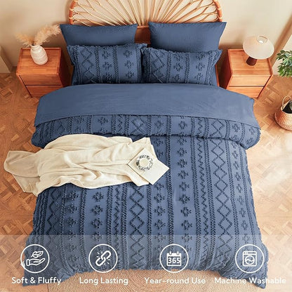 MR&HM Twin XL Comforter Set Navy Blue, 5 Pieces Tufted Boho Beddding Sets, Farmhouse Style Bed in a Bag with 1 Comforter, 1 Pillow Sham, 1 Pillowcase, 1 Flat Sheet, 1 Fitted Sheet for College Dorm