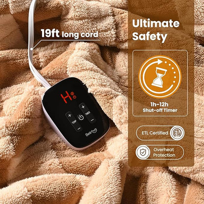 Bearhug Electric Blanket Full Size 77" x 84", Reversible Brown Plaid Sherpa Heated Blanket, 10 Heating Levels & 1-12H Auto Off, ETL Certified, Machine Washable, Gift Box