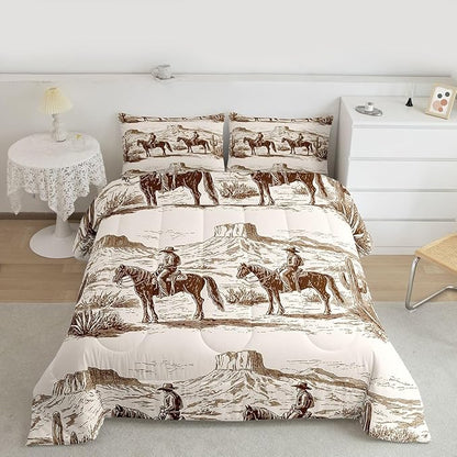 Wild West Comforter Set Queen Cowboys Bedding For Man Teens Boy American Western Desert Hunting Horse Riding Bedding Comforter Sets Hand Drawn Illustration Mountain Cactus Room Decor Duvet Insert