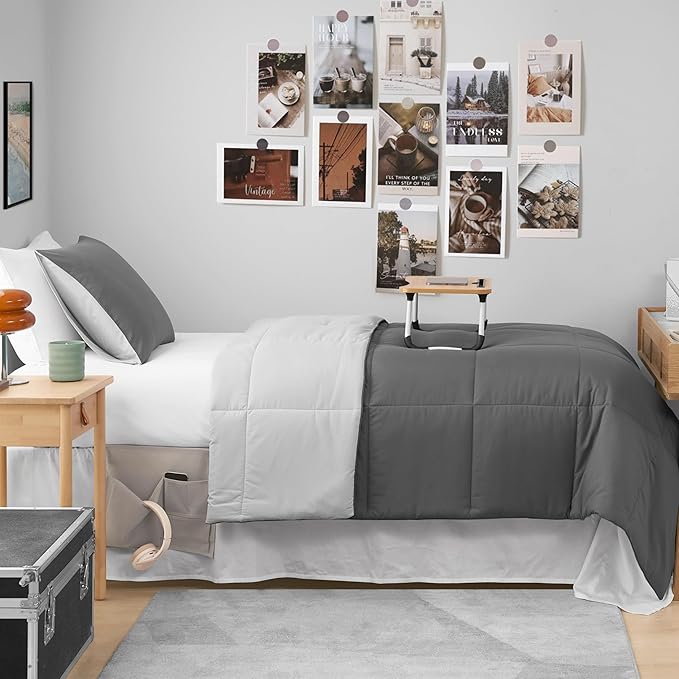 Reversible Box Stitch Comforter Set, 3-Piece Full/Queen – Dark Grey/Light Grey – Stylish Bedding Set