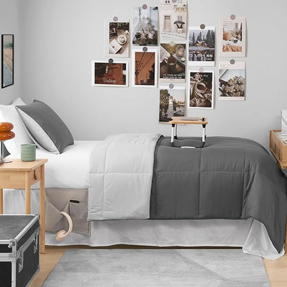 Reversible Box Stitch Comforter Set, 3-Piece Full/Queen – Dark Grey/Light Grey – Stylish Bedding Set