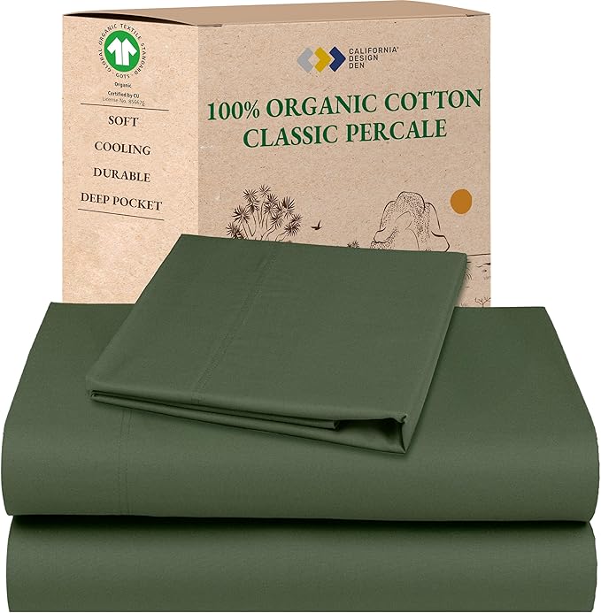 California Design Den Twin XL Sheets Cotton Set - Soft 100% Organic Cotton Sheets, Deep Pockets, Crisp Percale, Breathable and Durable Bedding Set for Dorms, Hospitals - Olive Green
