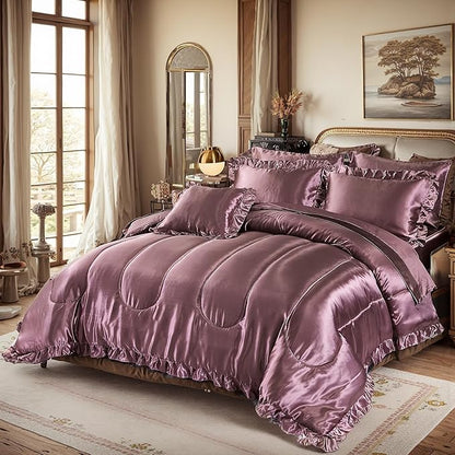 Silk Like Satin Comforter Set with Sheet Set Queen Size 8 Pieces Blush Pink Satin Bedding Set Silky Ruffle Pattern Home Deocr Luxury Silky Comforter Set with 1 Cushion Cover