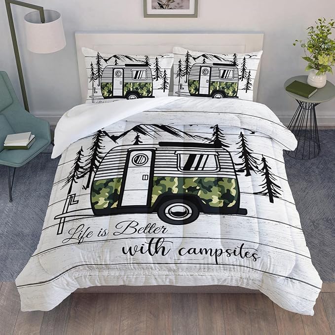 HOSIMA Happy Camping Decor Comforter Set,Camouflage Camper Bedding Queen Size for Kids Teen Girls Boys Room Decor,Camper Accessories for Travel Trailers Themed Bedding with 2 Pillowcases.