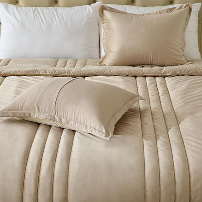 MUSSEL Bedding Comforter Set Queen Size 3 Pieces-Neutral Beige Champagne Striped Lightweight Bedroom Comforter Queen Size,Soft Velvet Bed Set for All Seasons with 2 Shams