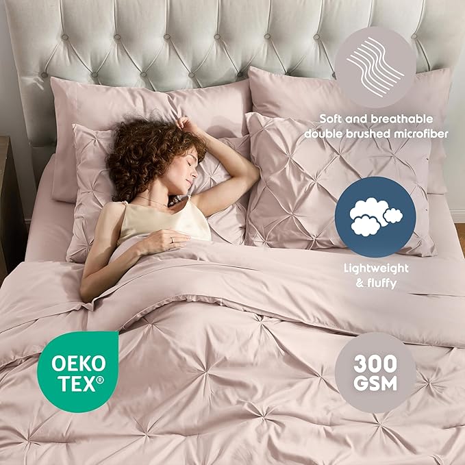 Nestl 7 Piece Comforter Set - Pinch Pleated Bedding Set in Blush Pink, All Season Full Size Bed Set With Sheets, Comforter, Pillowcases and Shams