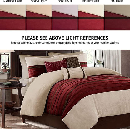 Madison Park Palmer Comforter Set-Luxury Faux Suede Design, Striped Accent, All Season Down Alternative Bedding, Matching Shams, Decorative Pillow, Bed Skirt, Queen (90 in x 90 in), Red 7 Piece