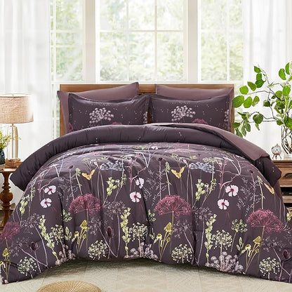 Yiran Purple Comforter Set Queen Size, 7 Piece Floral Dandelion Comforter Bedding Set, Botanical Bed in a Bag Queen, Soft Microfiber Complete Bedding Set with Sheets for All Season