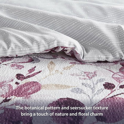 Lightweight Seersucker Botanical Comforter Set Twin Size, 2 Pieces Reversible Design with Striped Print, Premium Microfiber Bedding Set, Comforter and Sham Set, Plum/Grey