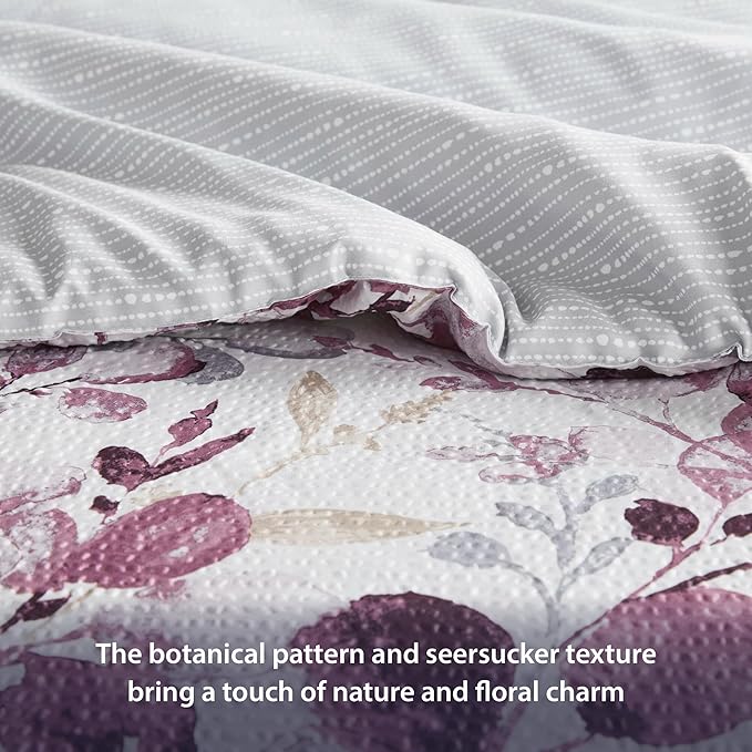Lightweight Seersucker Botanical Comforter Set King Size, 3 Pieces Reversible Design with Striped Print, Premium Microfiber Bedding Set, Comforter and Sham Set, Plum/Grey