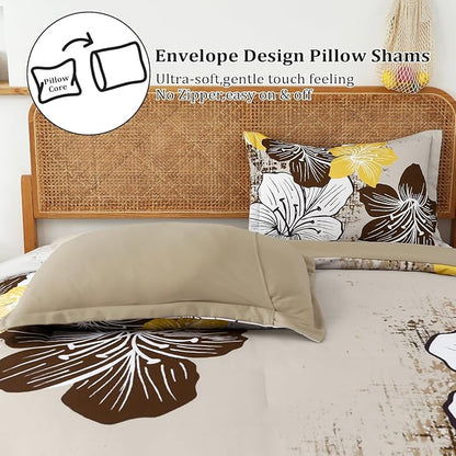 Menghomeus Brown Floral Comforter Set King Ombre Brown Bedding Lightweight Microfiber Bed Comforter for All Season, 3 Piece Flowers Comforter with 2 Pillowcases