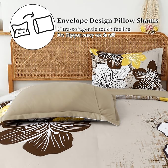 Menghomeus Brown Floral Comforter Set Queen Ombre Brown Bedding Lightweight Microfiber Bed Comforter for All Season, 3 Piece Flowers Comforter with 2 Pillowcases