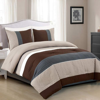 WPM 3 Piece Modern Design Queen Comforter Set. Multicolor Grey/Coffee Brown/Beige Taupe Color All Season Down Alternative Bedding Decor- Leni (Queen)