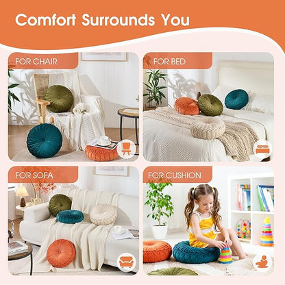ROSE&RISY Round Pleated Hand-Stitched Velvet Throw Pillow, 1 Pcs Decorative Accent Pumpkin Pillow Cushion for Couch Sofa Chair Bed Car Home Decor (14.5 Inch, Orange)