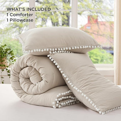Bedsure Twin/Twin XL Comforter Set - Linen Pom Pom Comforter, 2 Pieces Shabby Chic Bedding Comforter Set for All Seasons, Fluffy Soft Bedding Set with 1 Pillow Sham