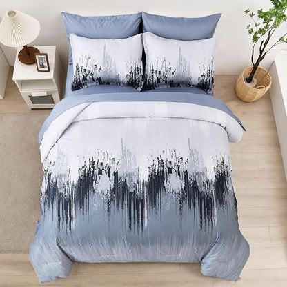 WONGS BEDDING Comforter Set Queen, Blue 7 Pieces Bed in a Bag Abstract Gradient Comforter Dusty Blue Soft Microfiber Bedding with Comforter, Flat Sheet, Fitted Sheet, Pillow Shams,Pillowcases