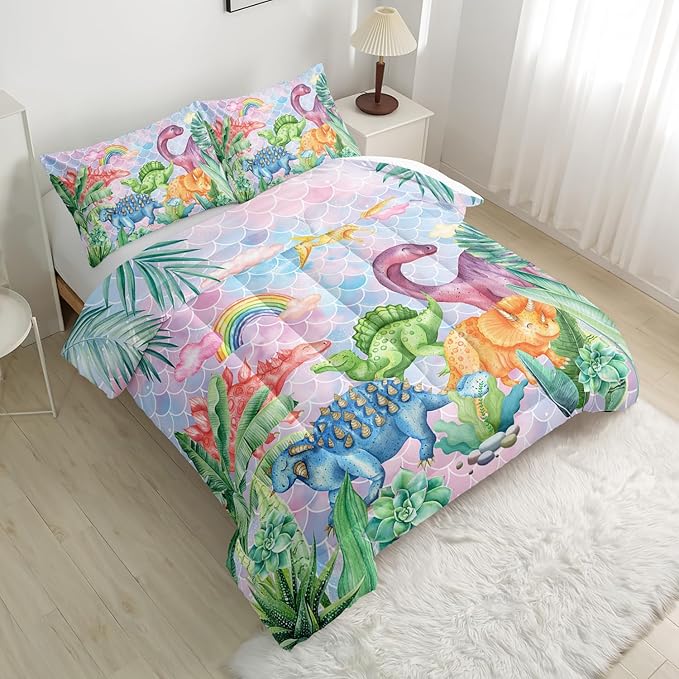 Dinosaur Comforter Set for Kids Teens and Adults Full Size，Dinosaur Printed Quilt Set for Bedroom Soft Microfiber All Season Print Quilt Set with 1 Comforter and 2 Pillow Case