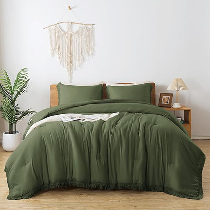 Andency Olive Green Comforter Set King, 3 Pieces Boho Tassel Lightweight Bedding Comforter Sets for King Bed, All Season Soft Fluffy Fringe Bed Set (104x90In Comforter & 2 Pillowcases)