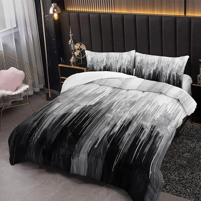 Grey Black White Gradient Print Comforter Set Full Size,Abstract Art Bedding Set,Patchwork Printed Quilted Set for Teens Adult,with 1 Comforter and 2 Pillow Case