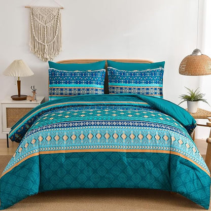 Boho Comforter Set Queen Size,7 Pieces Comforter Bedding Set Bed in a Bag Bohemian,Turquoise Blue Paisley Floral Comfortet and Sheet Set,Soft Striped Bedding Sets for All Season