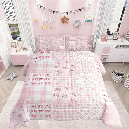 Feelyou Pink Bow Kids Comforter Set Toddler Size Princess Bow Bedding Set Cute Bowknot Duvet Quilt for Kids Boys Girls Bedroom Kawaii Decor Microfiber Ultra Soft Breathable