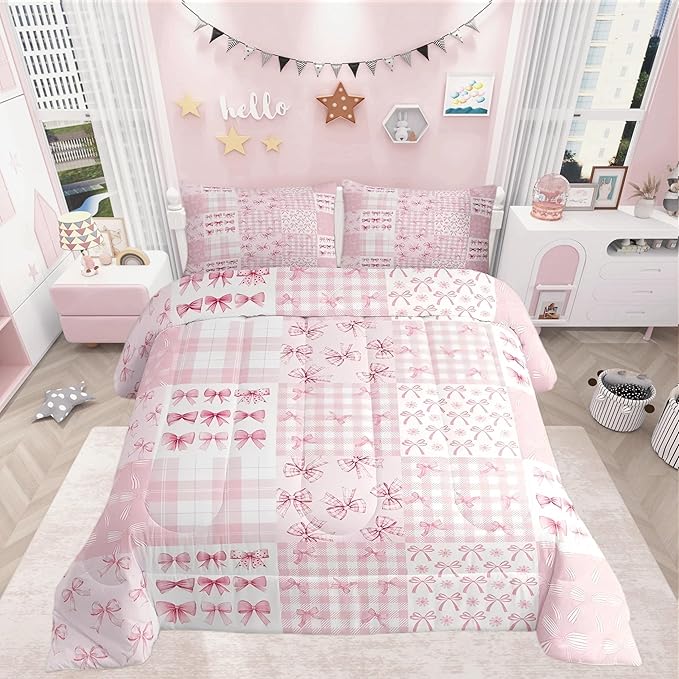 Feelyou Pink Bow Kids Comforter Set Full Size Princess Bow Bedding Set Cute Bowknot Duvet Quilt for Kids Boys Girls Bedroom Kawaii Decor Microfiber Ultra Soft Breathable