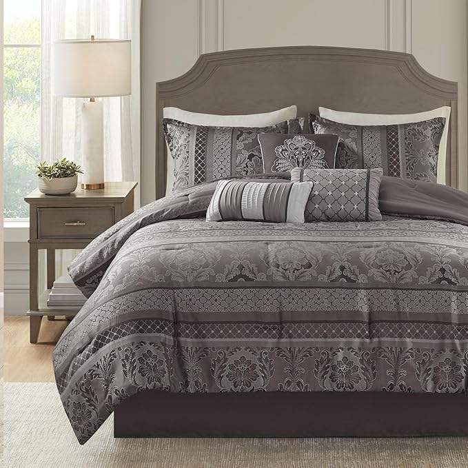 Madison Park Bellagio Cozy Comforter Set - Luxurious Jaquard Traditional Damask Design, All Season Down Alternative Bedding with Matching Shams, Decorative Pillow, Queen(90"x90"), Grey 7 Piece
