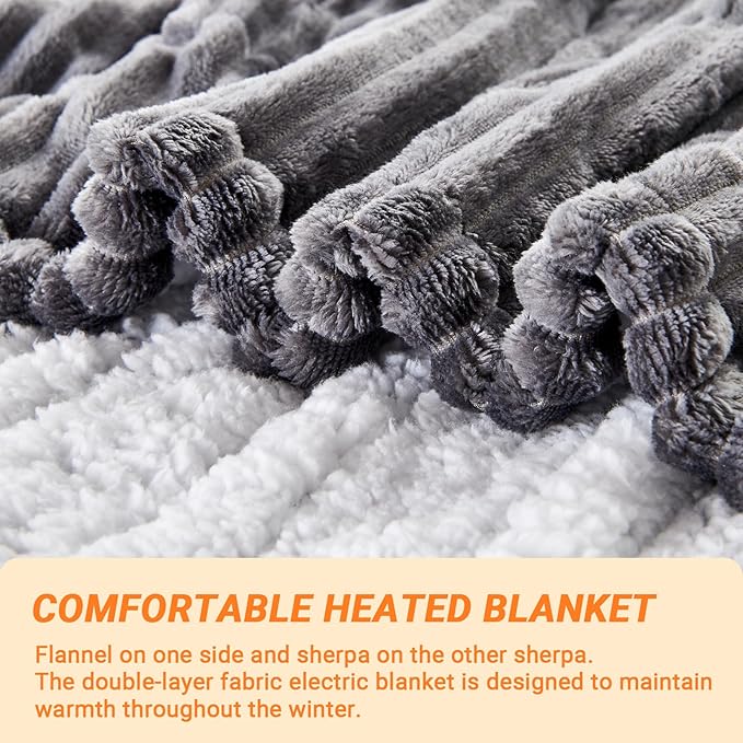 Heated Blanket Electric Full, Soft Flannel Heating Blanket with 8 Hours Auto Off 10 Fast Heating Levels Machine Washable Sherpa Heated Blanket with Overheating Protection