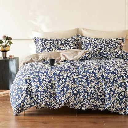 Navy Floral Cotton Comforter Queen Size 3PC - Elegant White Flowers Pattern on Blue，Taupe Back, Lightweight Bedding Sets with Ultra-Soft Alternative Fill, (1 Comforter, 2 Pillowshams)