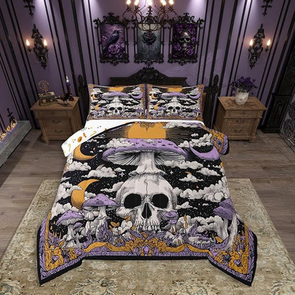 Erosebridal Boys Gothic Halloween Comforter Set Toddler, Horror Skull Bedding Set Spooky Halloween Decor Comforter for Kids Teens Adults Gothic Bedroom Decor, Moon and Stars Mushroom Quilt 2 Piece