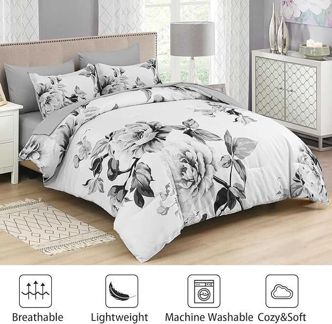 Drucon Grey Floral Comforter Set Queen 7 Pieces Bed in a Bag Botanical Floral Comforter Soft Microfiber Grey Bedding Set Queen Size Bed with Sheet and Pillowcase