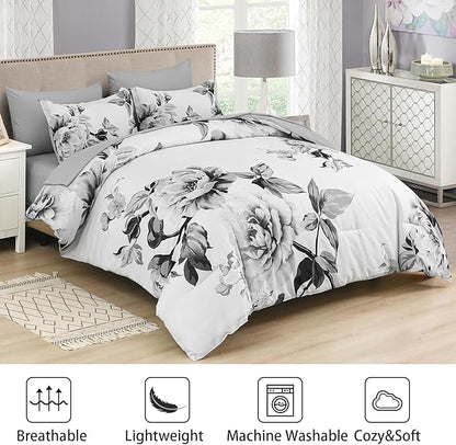 Drucon Grey Floral Comforter Set King 7 Pieces Bed in a Bag Botanical Floral Comforter Soft Microfiber Grey Bedding Set King Size Bed with Sheet and Pillowcase