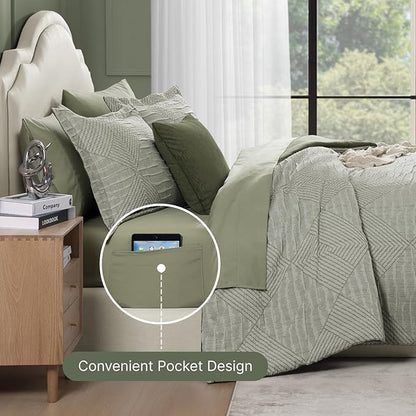MaiRêve Full Size Comforter Set Crinkle Textured, Light Olive Green Diamond Boho Bedding Set 7 Pieces Bed in A Bag, All Season Geometric Comforter Set with Sheets, Pillowcases & Shams