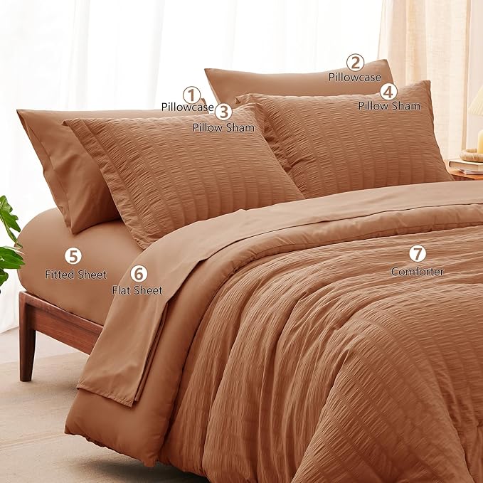 CozyLux Full Size Comforter Sets with Sheets Seersucker 7 Pieces Pumpkin Bed in a Bag Textured Luxury Soft Bedding Set with Down Alternative Comforter, Sheets, Pillowcases & Shams for All Seasons