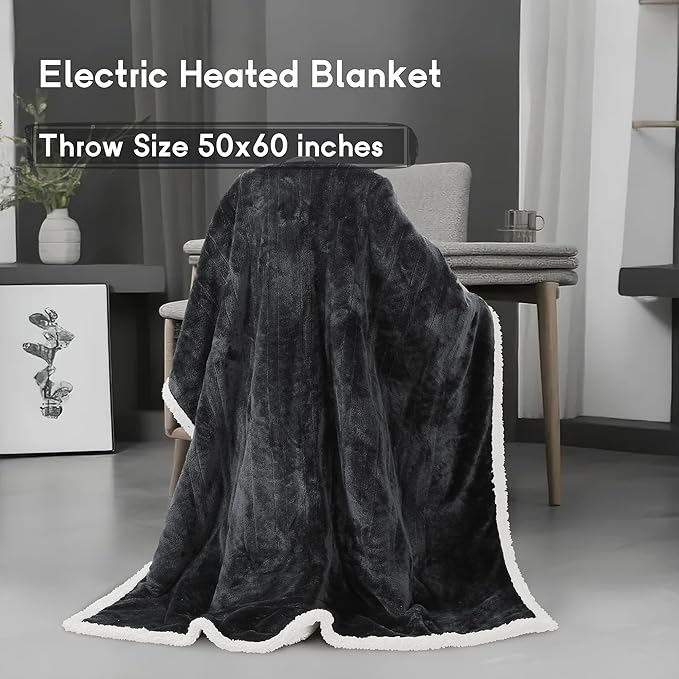 Heated Blanket Electric Throw Size 50''x60'' with 9 Heating Levels, 1-10 Hour Auto Shut Off, Machine Washable, Flannel & Sherpa Double-Sided Soft Warming Blanket for Couch, Bed, Office - Dark Grey