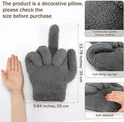 Menkxi Small Middle Finger Decorative Pillow 13.78 x 9.84 in Funny Shaped Sherpa Fleece Throw Pillow Warm Soft Emoticon Cushion Middle Finger Decor for Couch Gag Gift(Dark Grey)