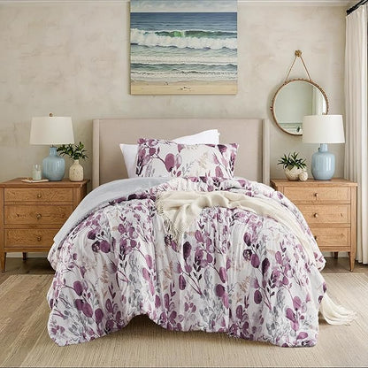 Lightweight Seersucker Botanical Comforter Set Twin Size, 2 Pieces Reversible Design with Striped Print, Premium Microfiber Bedding Set, Comforter and Sham Set, Plum/Grey