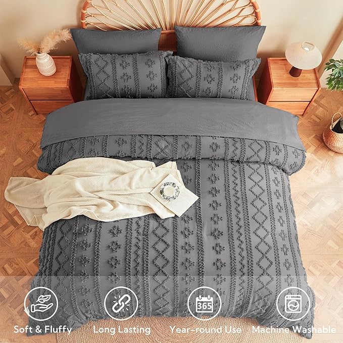 MR&HM Queen Comforter Set Dark Grey, 7 Pieces Tufted Boho Beddding Sets, Farmhouse Style Bed in a Bag with 1 Comforter, 2 Pillow Shams, 2 Pillowcases, 1 Flat Sheet, 1 Fitted Sheet for All Seasons